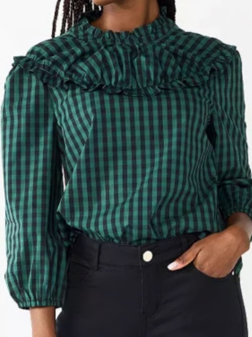 Draper James RSVP Green & Black Plaid Gingham Ruffle Yoke Blouse Size XXL